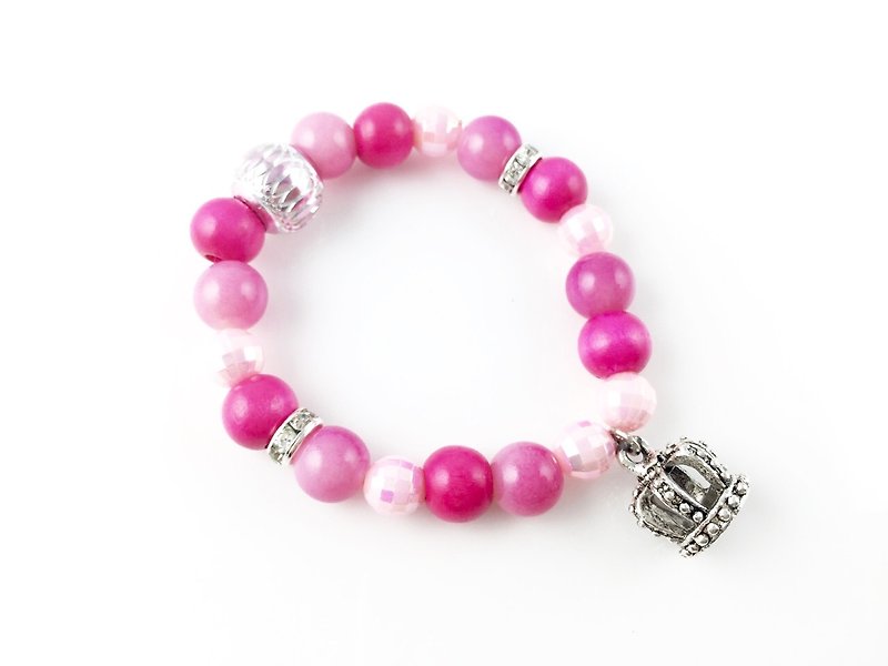 「粉紅糖果木珠 x 銀色皇冠」 - 手鍊/手環 - 其他材質 粉紅色