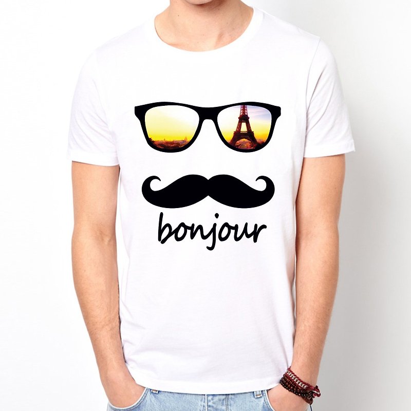 bonjour-Paris short-sleeved T-shirt-white Paris French Wenqing Wenchuang cheap fashion design, self-made fashionable round triangle - เสื้อยืดผู้ชาย - วัสดุอื่นๆ ขาว
