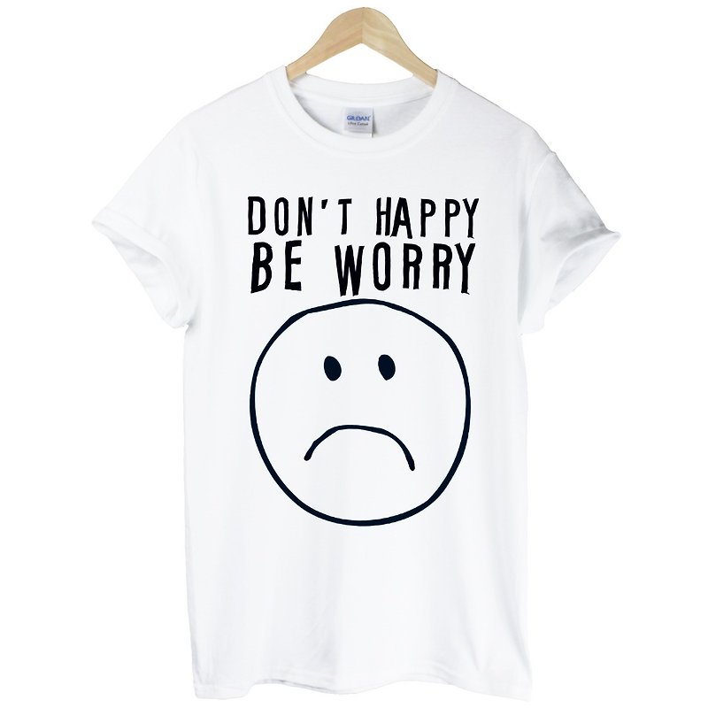 DON'T HAPPY BE WORRY short-sleeved T-shirt-2 colors English letters, fun life, literary design, original brand - เสื้อยืดผู้ชาย - ผ้าฝ้าย/ผ้าลินิน หลากหลายสี