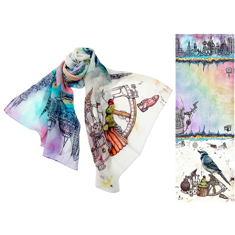 bird dreamer long silk scarf - ผ้าพันคอ - ผ้าไหม 