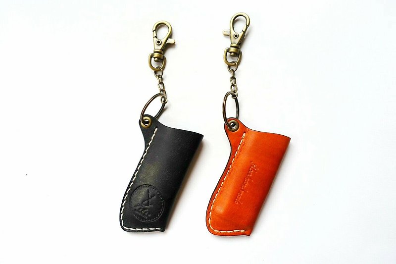 Fiber hand-made hand-sewn leather lighter case key ring - Other - Genuine Leather Brown