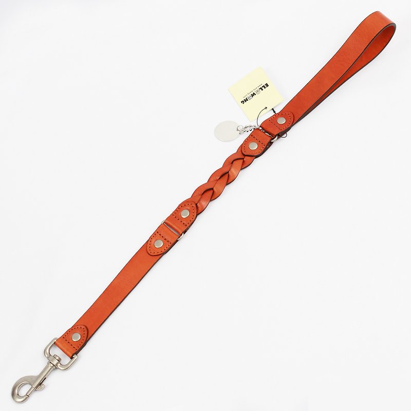 Ella Wang Design Stitching Leather Woven 60cm Short Leash-Orange - Collars & Leashes - Genuine Leather Orange