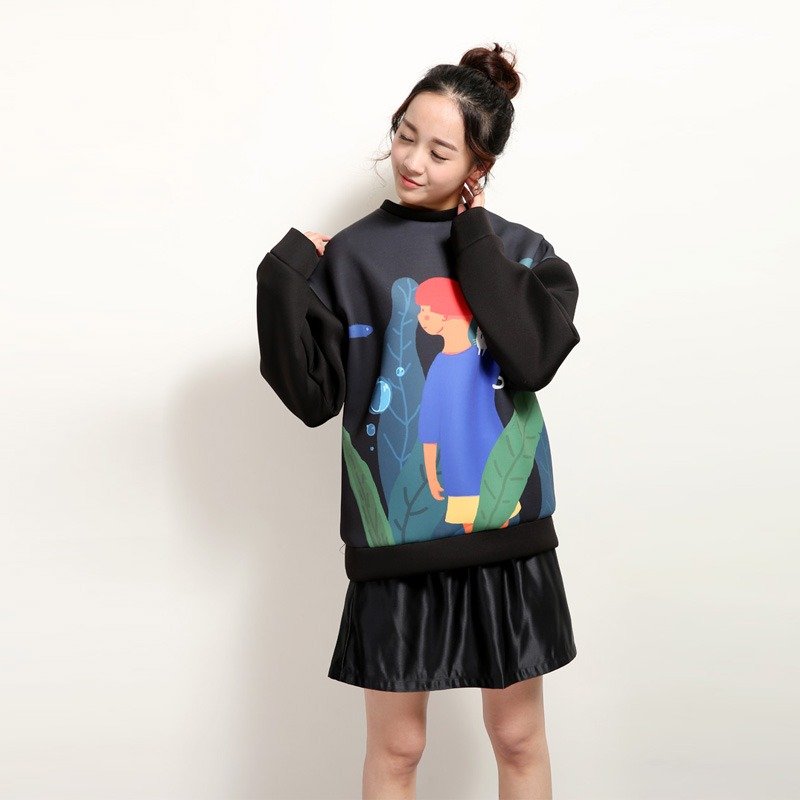 不渡BUDU 黑色趣味印花空气层卫衣外套 - 女上衣/長袖上衣 - 其他材質 黑色