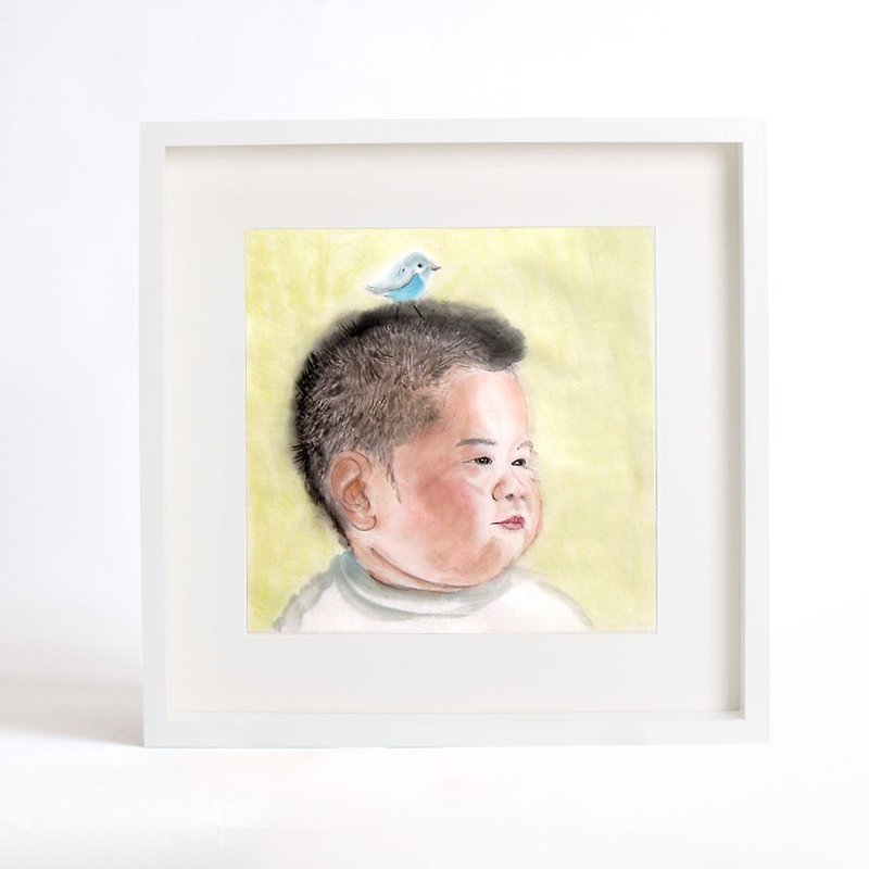 33.5x33.5cm Custom Portrait with Wood Frame, Child's Portrait, Children's Personalized Original Hand Drawn Portrait from Your Photo, OOAK watercolor Painting Ideas Gift - Customized Portraits - Paper Yellow