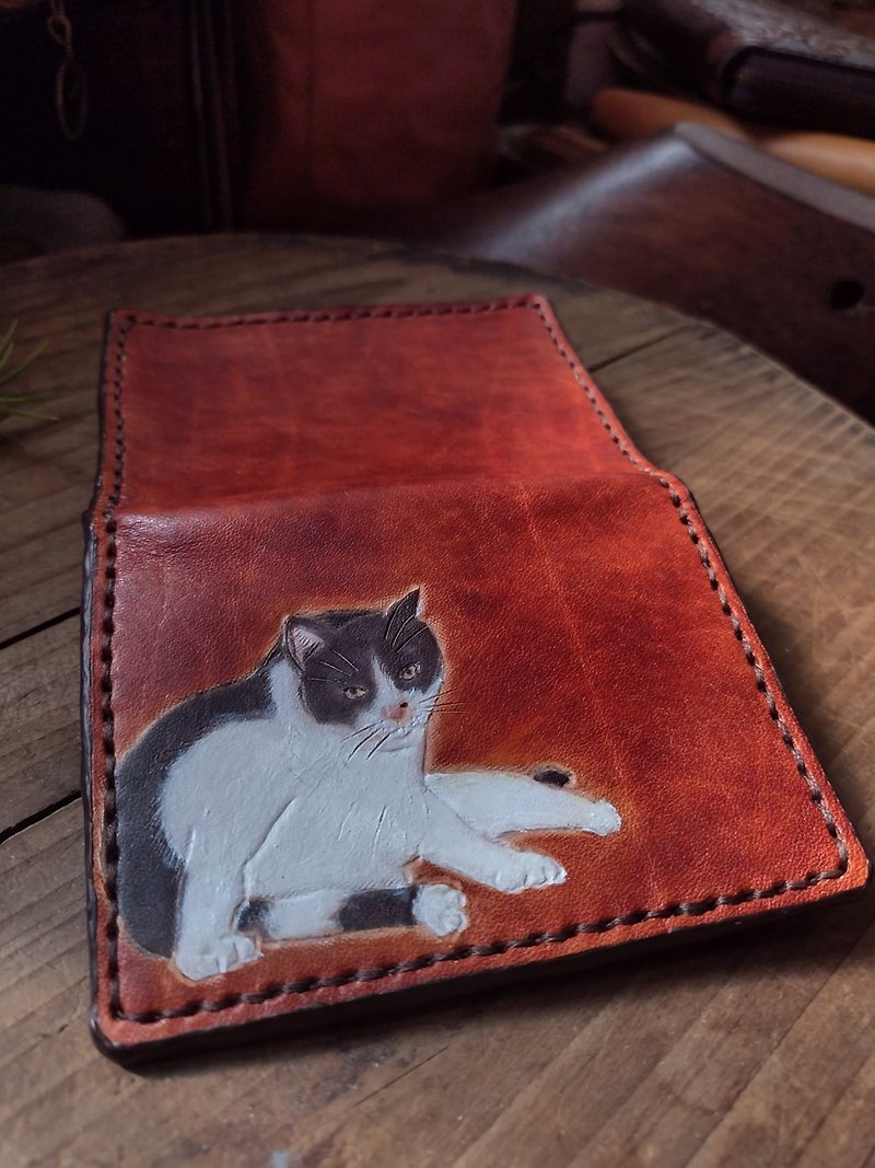 Exclusive custom cat original leather color pure cowhide business card holder (customized lover, birthday gift) - ที่เก็บนามบัตร - หนังแท้ สีส้ม