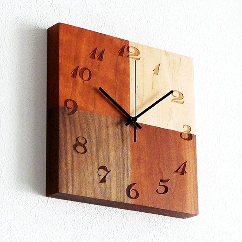 『浮水印 Watermark』原木掛鐘 時計 時鐘 CHESS格拼系列 嚴選FAS頂級美國櫻桃木 美國黑胡桃木 加拿大硬楓木 實木製做 - Clocks - Wood 