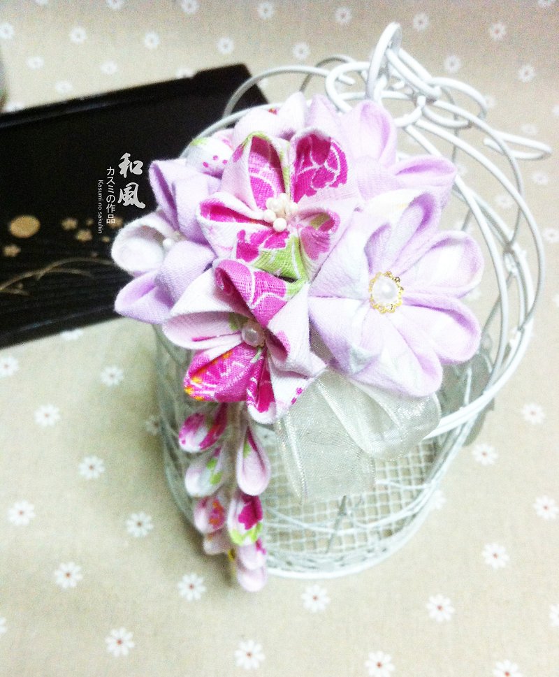 Customized Japanese handmade flower pink with light purple cherry ball hairpin / hairpin with a slight western elements and hairpin bride kimono bathrobe accessories - เครื่องประดับผม - ผ้าฝ้าย/ผ้าลินิน สีม่วง