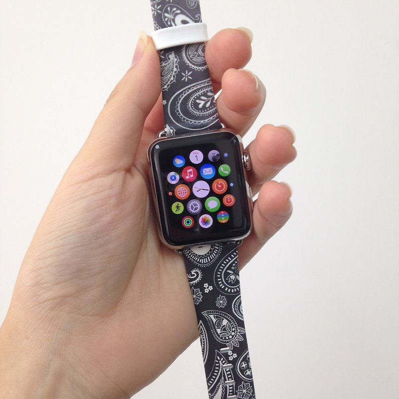 Paisley Black Printed on Leather watch band for Apple Watch Series 1 - 5 Fitbit - Other - Genuine Leather 