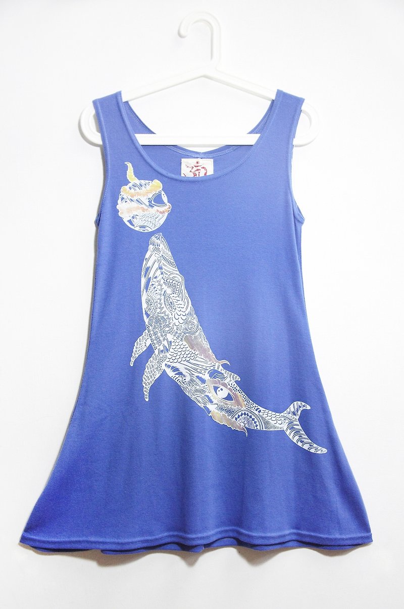 Cotton feel the ocean wind dress - latent whale out of the water (blue) / remaining one - ชุดเดรส - ผ้าฝ้าย/ผ้าลินิน สีน้ำเงิน