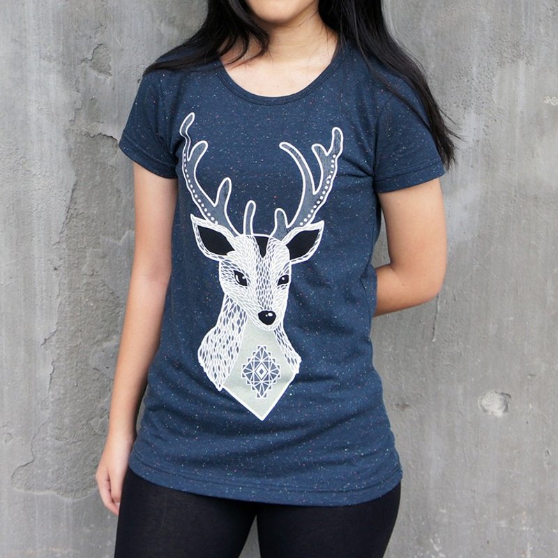 [Series] native forest department Legend - White Deer blue colorful little paragraph female version T - เสื้อยืดผู้หญิง - ผ้าฝ้าย/ผ้าลินิน สีนำ้ตาล