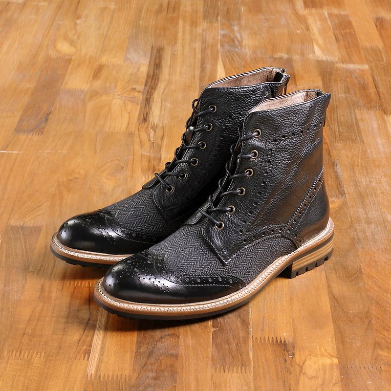 Vanger Elegant American ‧ British revival wing lace boots Va189 Black X Mao stitching - รองเท้าบูธผู้ชาย - หนังแท้ สีเทา