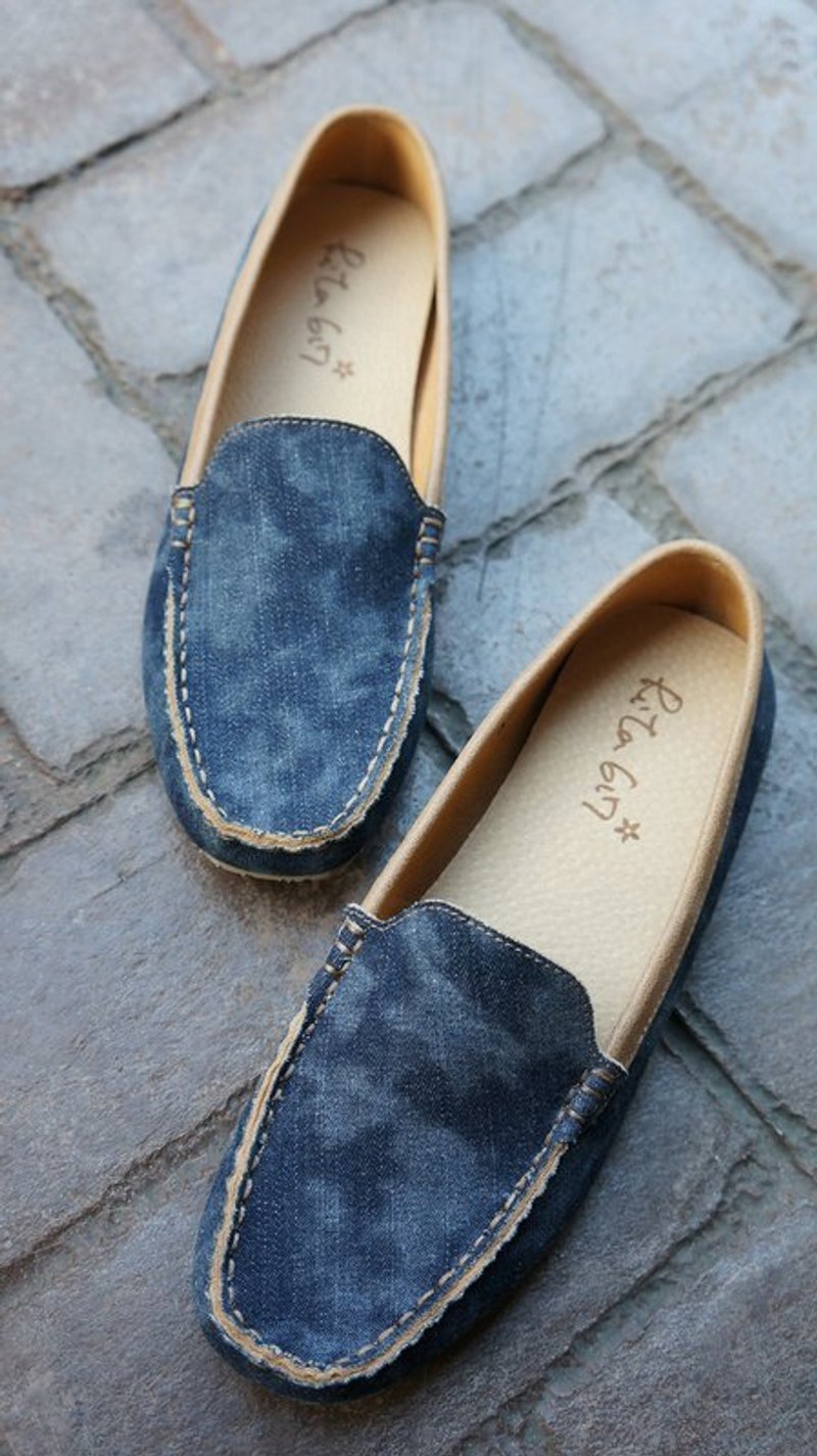 水洗牛仔布皮革手工鞋 - Women's Casual Shoes - Genuine Leather Blue