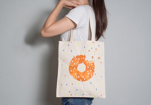 Kaasan 手繪手印 胚布提袋【甜甜圈】單面圖案 肩背