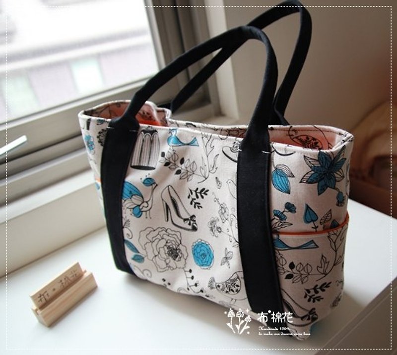 Cotton Fabric: Tote bag, Shoulder bag, White Canvas, Blue peacock - Messenger Bags & Sling Bags - Other Materials White