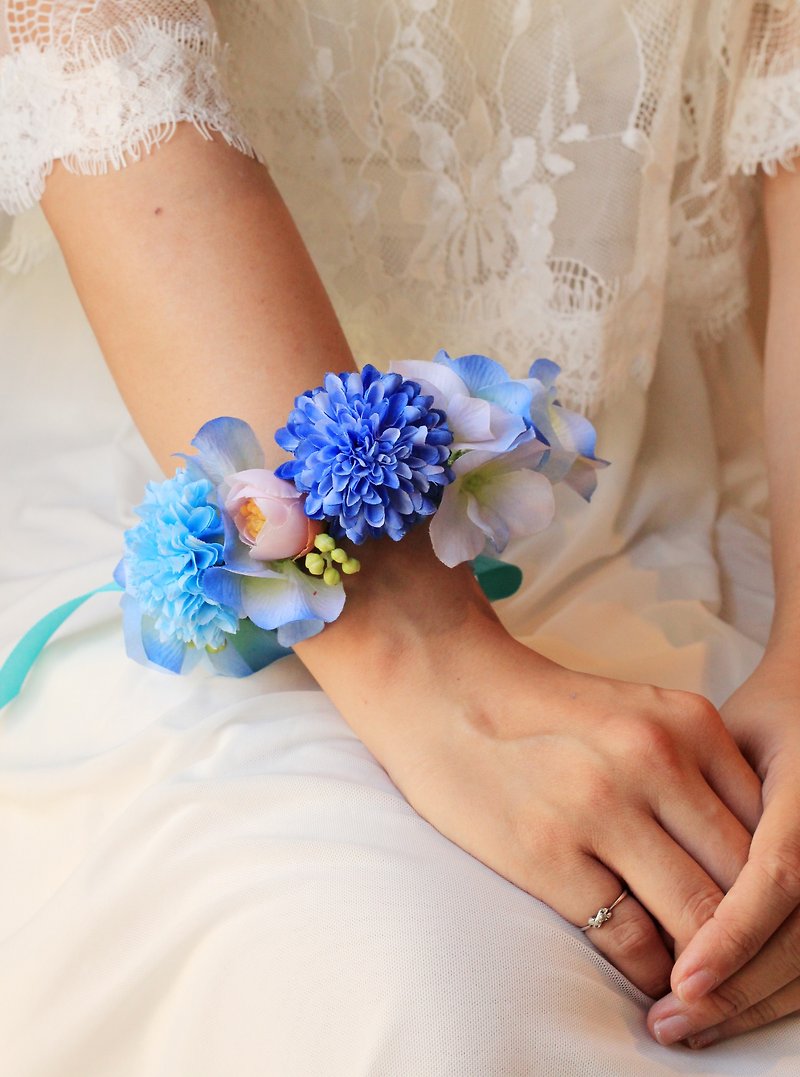 手腕花【仿真花系列】可愛小球菊 - 手鍊/手環 - 其他材質 藍色