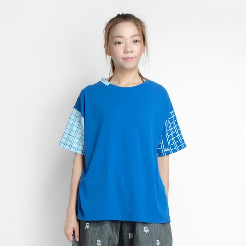 【HEYSUN】絹印學校系列/稿紙寫字練習簿不對襯拼接T恤-海洋藍色 - T 恤 - 其他材質 藍色