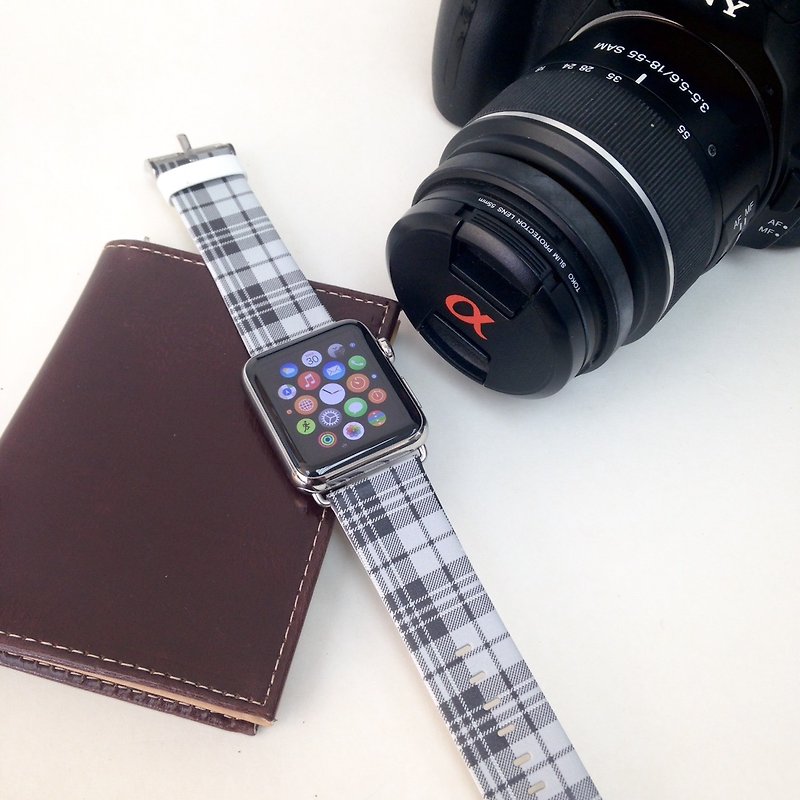 Tartan Black Pattern Printed on Leather watch band for Apple Watch Series 1 - 5 - สายนาฬิกา - หนังแท้ สีดำ
