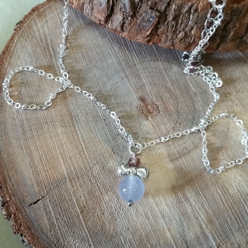 Blue chalcedony bow Silver plated necklace - สร้อยคอ - เครื่องเพชรพลอย 