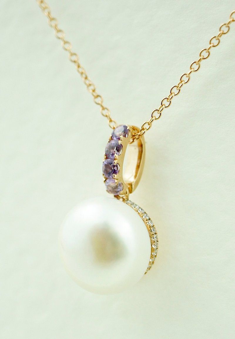 VICTORIA - 14mm Round Freshwater Pearl with Amethys 18K Rose Gold Plated Silver Necklace - Necklaces - Gemstone Purple