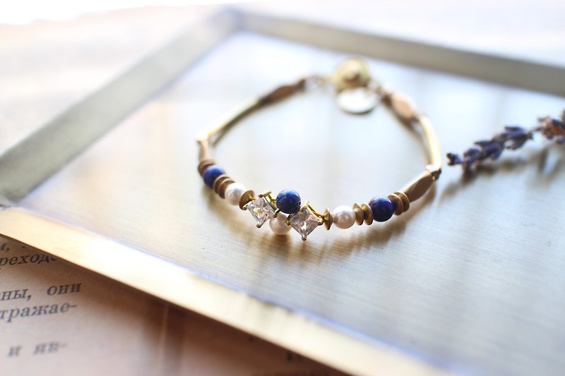 Lapis  shell zircon brass handmade bracelet - Bracelets - Copper & Brass Multicolor