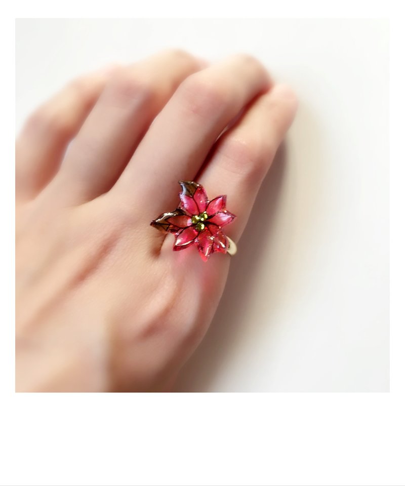『聖誕限定』 手繪聖誕紅聖誕花閃石戒指 - 戒指 - 塑膠 紅色