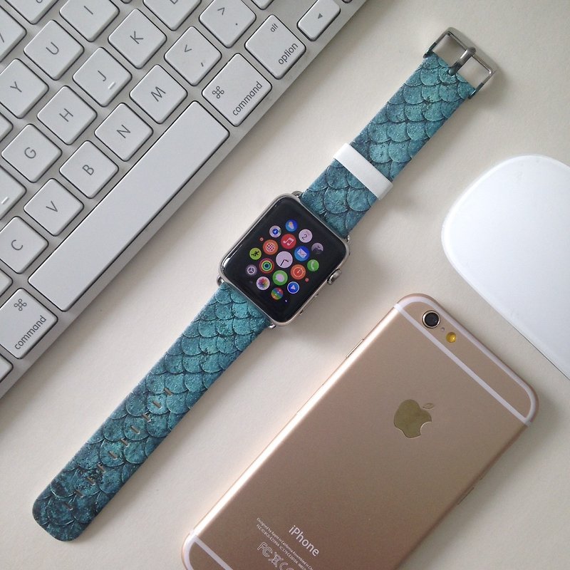 Turquoise Scales Pattern Print on Leather watch band for Apple Watch Series 1-5 - Other - Genuine Leather 