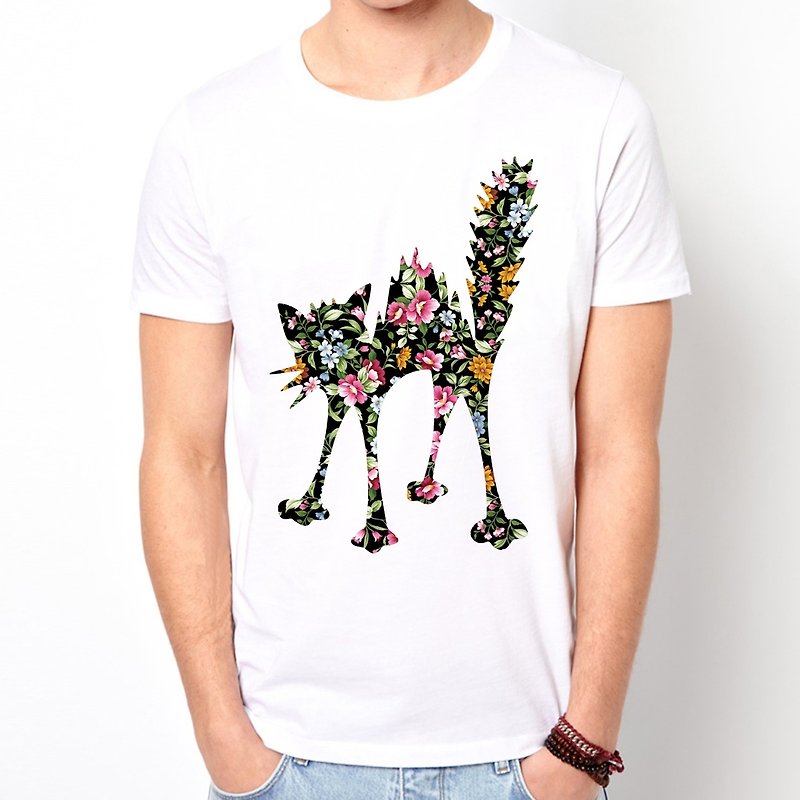 Cat-Flower Short Sleeve T-Shirt-White Cat Floral Animal Design Cute - Men's T-Shirts & Tops - Other Materials White