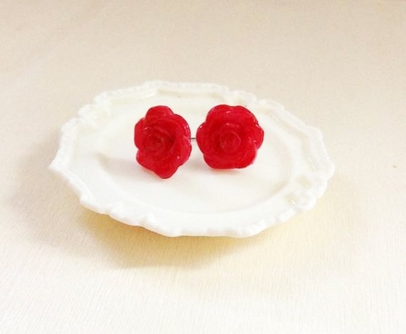 Elegant rose earrings set (two sets) (can be changed to Clip-On) - ต่างหู - ดินเหนียว สีแดง