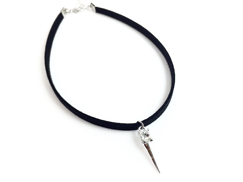 D nail silver diamond necklace (long) - สร้อยคอ - หนังแท้ สีดำ
