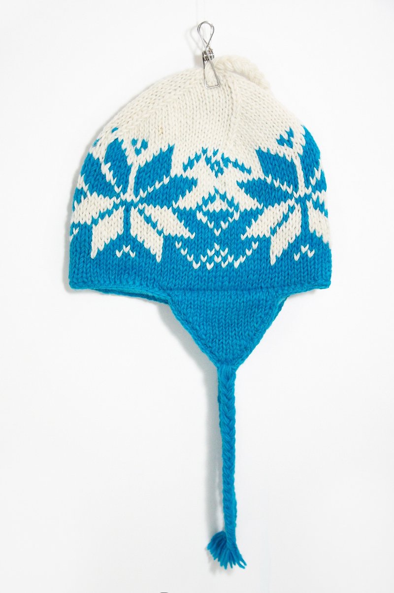 手編み剛毛内のウールの帽子/ハンドニットキャップ/フライトキャップ/ウールの帽子/かぎ針編みの帽子 - 東欧民族風の雪片パターン（手作り限られたもの） - 帽子 - その他の素材 ブルー