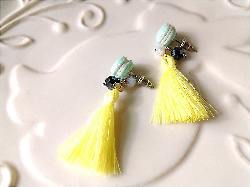[] {Colorful Bohemian green fruit macarons. Small pale yellow tassels}. {Pin / clip-on earrings} - Earrings & Clip-ons - Other Materials Yellow