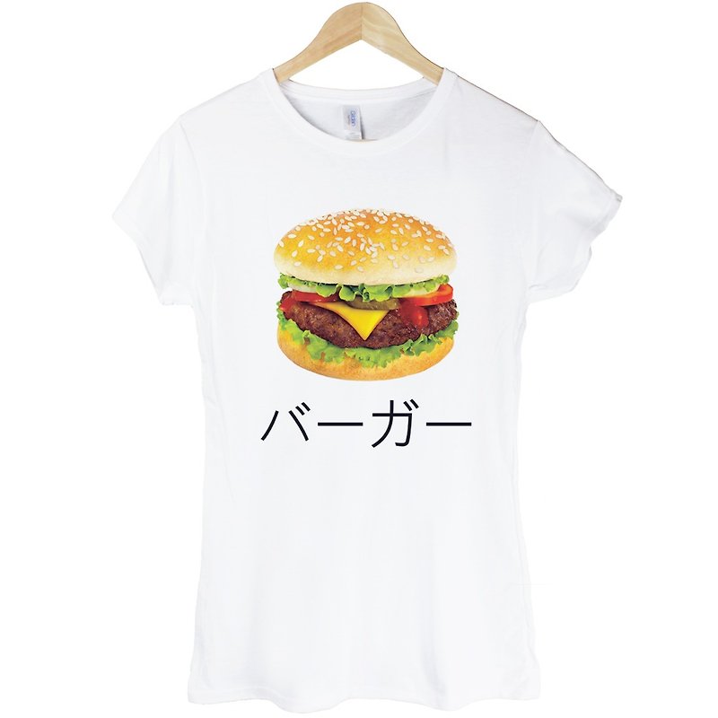 Japanese-Burger Girls Short Sleeve T-shirt-White Burger Toast Japanese Japanese Bread Breakfast Food Cream Design Homemade Brand - เสื้อยืดผู้หญิง - ผ้าฝ้าย/ผ้าลินิน ขาว
