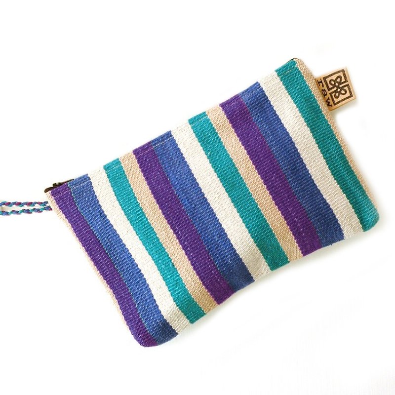 純棉手織atita 防水收納袋-藍綠紫彩條 - 化妝包/收納袋 - 棉．麻 藍色