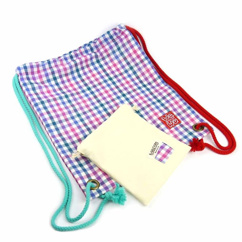 WaWu Drawstring backpack (Colorful-purple check fabric)/ Bundle backpack / Sport bag / Bundle backpack / school bag / pool bag / vegetable and fruit bag - กระเป๋าหูรูด - ผ้าฝ้าย/ผ้าลินิน สีม่วง