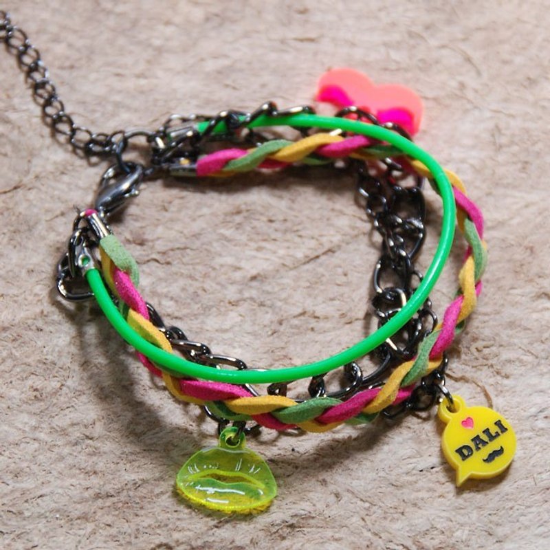 鬍子達利螢光派對/桃紅黃綠編繩搭配多層次手鍊 - Bracelets - Plastic Yellow