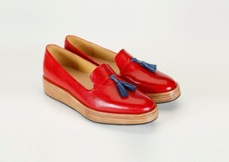 H THREE Fringe Loafers / Chili Red / Thick Foundation / Loafer - Women's Oxford Shoes - Genuine Leather Red