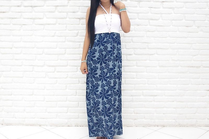 Tiare print tube top long dress <navy> - Evening Dresses & Gowns - Other Materials Blue