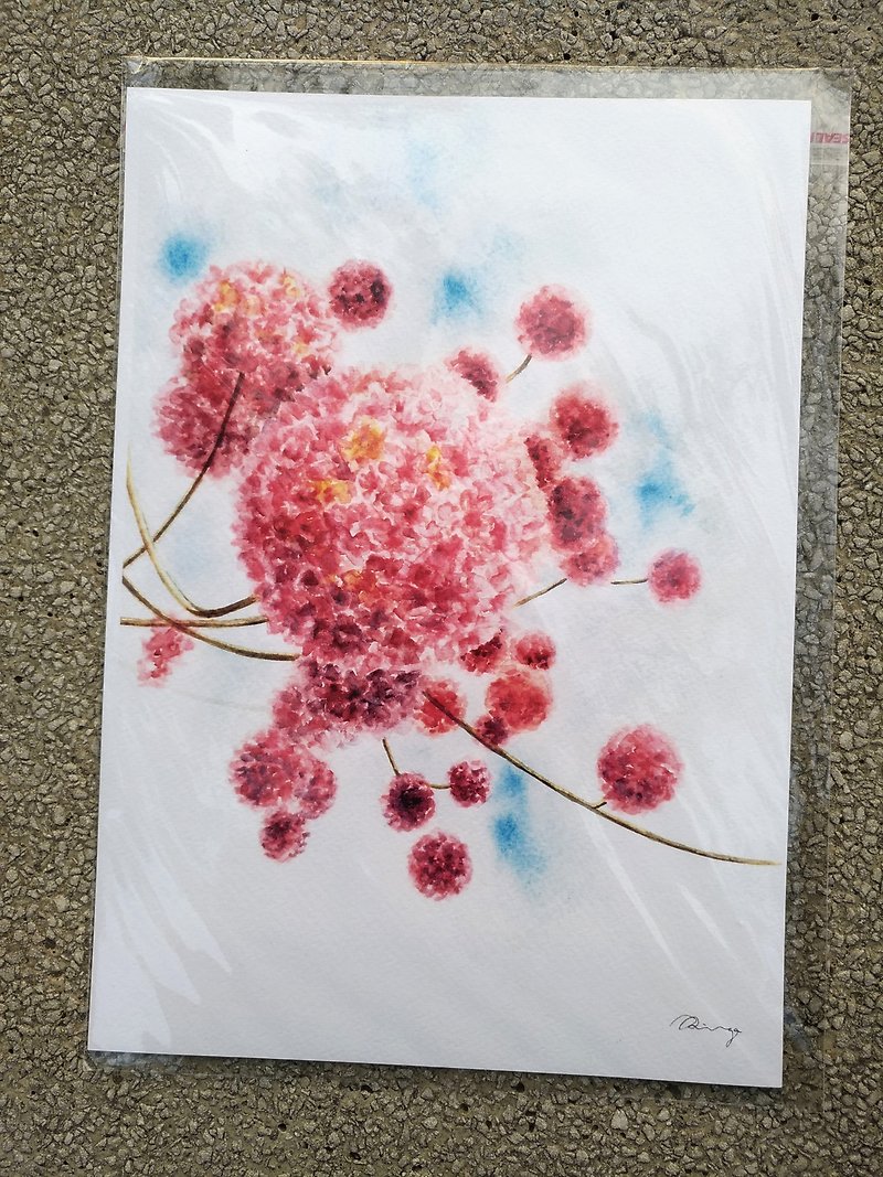 洋紅風鈴木 粉紅桃紅色花 裝飾畫 水彩複製畫 A4尺寸 - 海報/掛畫/掛布 - 紙 粉紅色