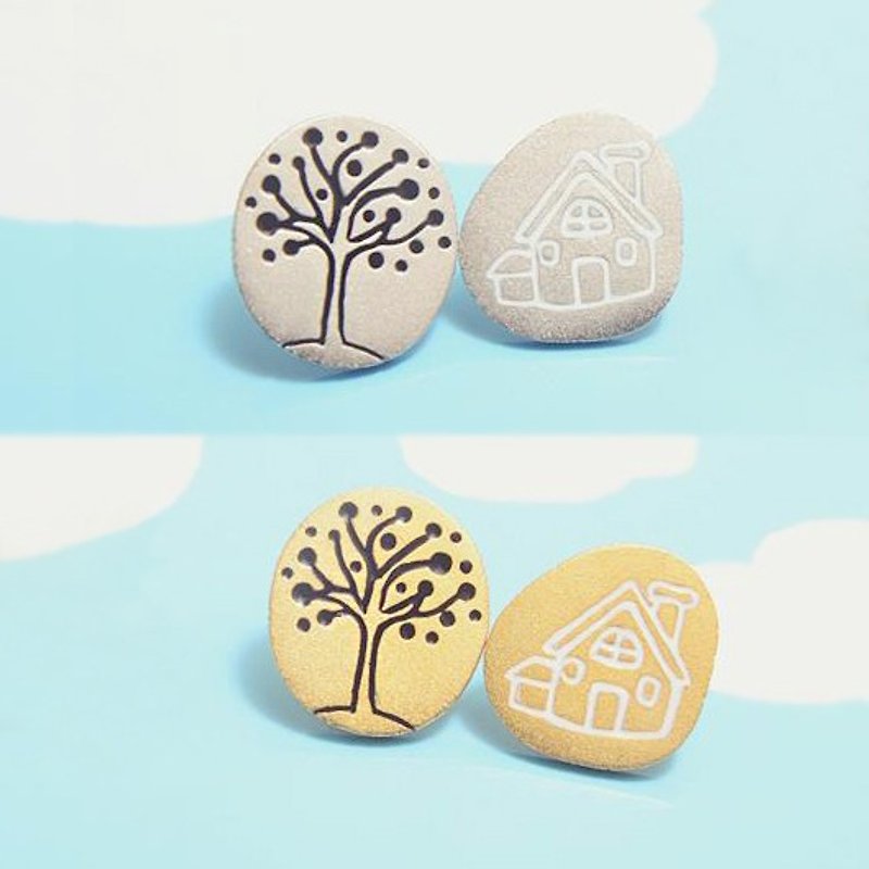 House and Tree Stud Earrings, Tree of Life Stud Earrings, Little House Stud Earrings - Earrings & Clip-ons - Other Metals 