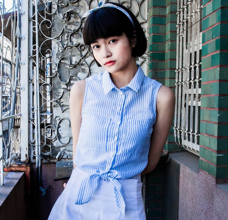 SU: MI said Tie tie sleeveless shirt _5SF303_ blue and white stripes - Women's Shirts - Other Materials Blue