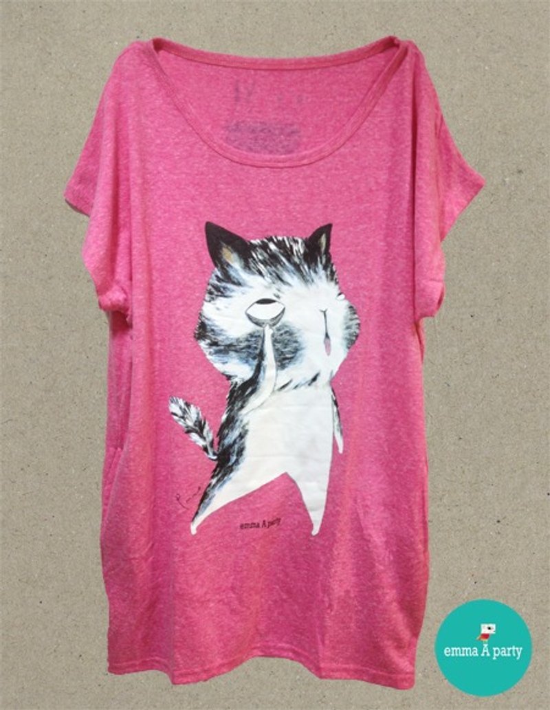 emmaAparty illustration Long T :: grimace cat (Out of stock, sold pause) - Women's T-Shirts - Cotton & Hemp Pink