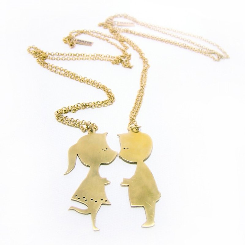 Girl & Boy Kissing Couple Necklace in Brass. - Necklaces - Other Metals 