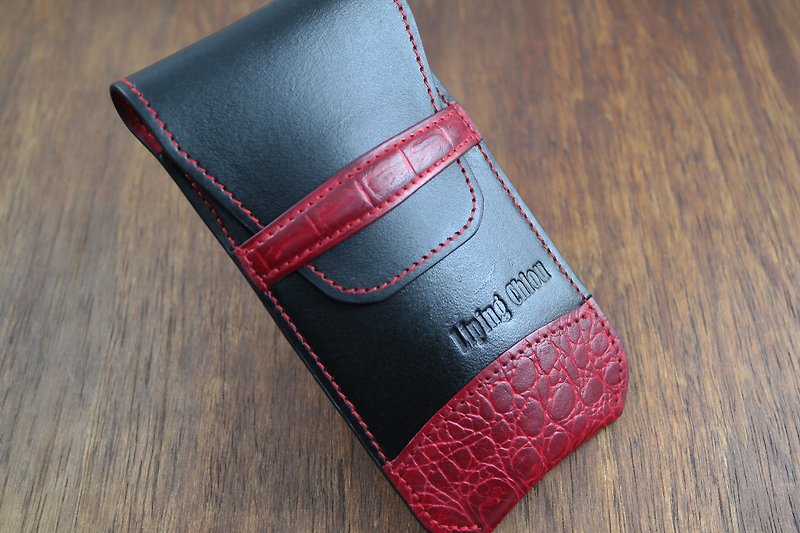 APEE leather handmade ~ wearing pen holder ~ plain black + crocodile pattern deep red - Pencil Cases - Genuine Leather Black