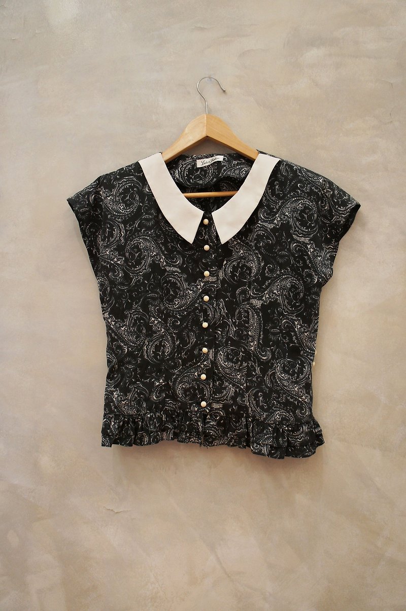 Blue black chiffon shirt collar and white tip vintage totem printing PdB - Women's Shirts - Other Materials Black