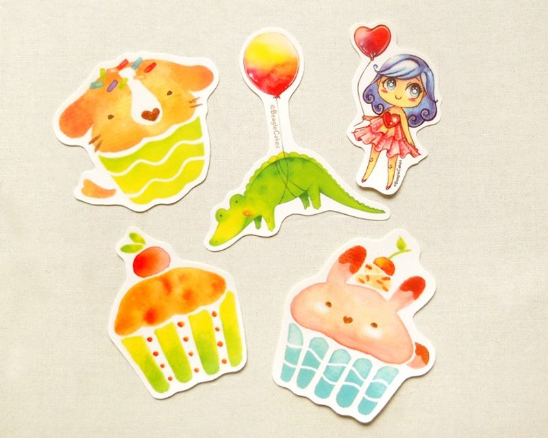illustrated stickers 5 pieces watercolor stickers glossy
