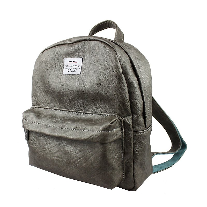 AMINAH-Lightweight Grey Small Backpack【am-0283】 - กระเป๋าเป้สะพายหลัง - หนังเทียม สีเทา