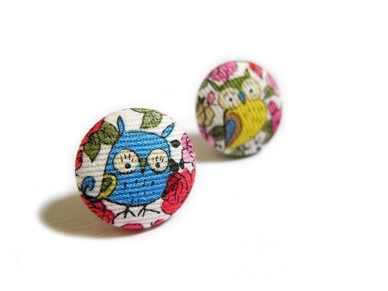 Cloth buckle earrings owl (blue & amp; yellow) - Earrings & Clip-ons - Other Materials Yellow