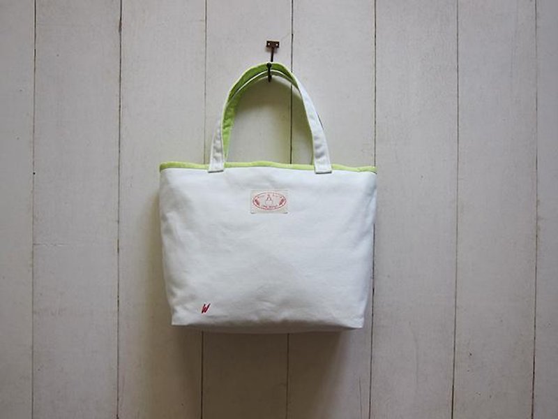 馬卡龍系列-乳白+果綠帆布中型托特包 (拉鍊開口款) - 側背包/斜背包 - 其他材質 多色