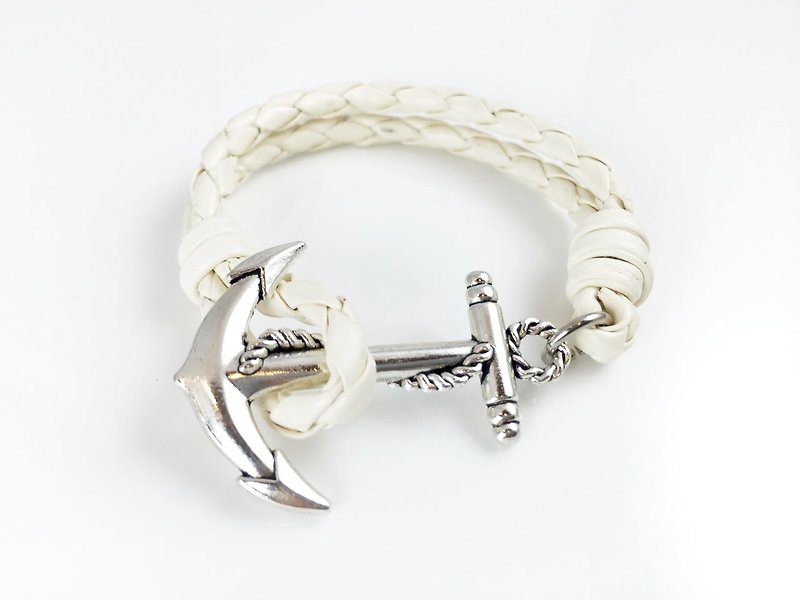 [Anchor buckle ivory leather cord x] - Bracelets - Genuine Leather White