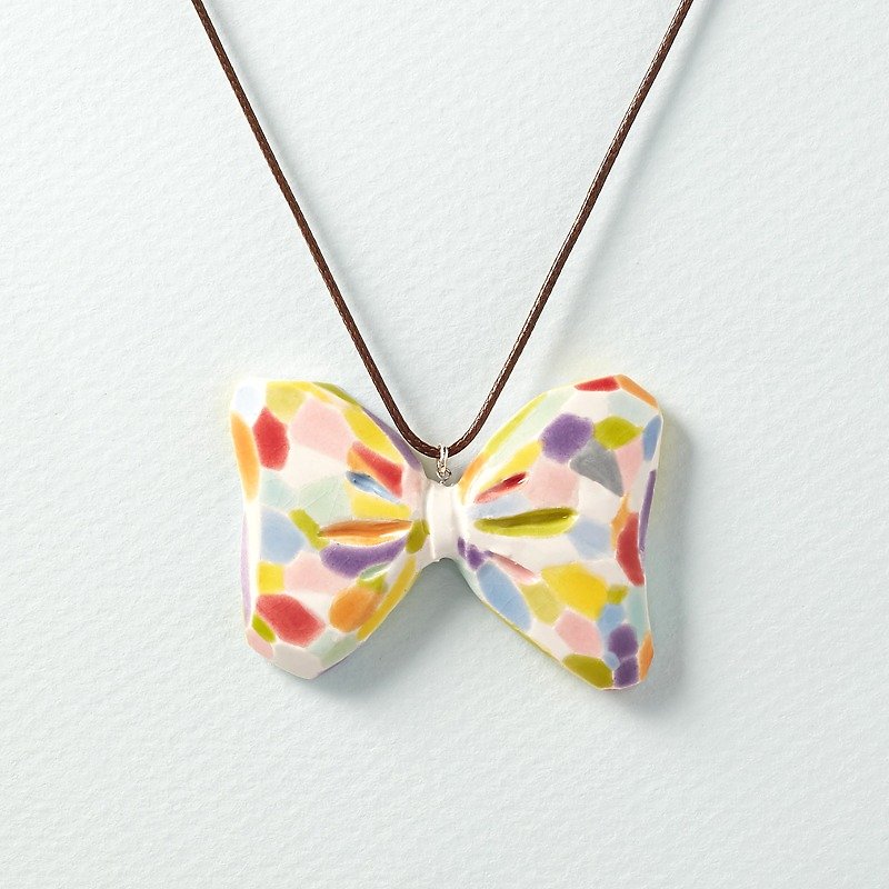Colorful Bow tie 2-handmade white porcelain necklace - สร้อยติดคอ - เครื่องลายคราม หลากหลายสี